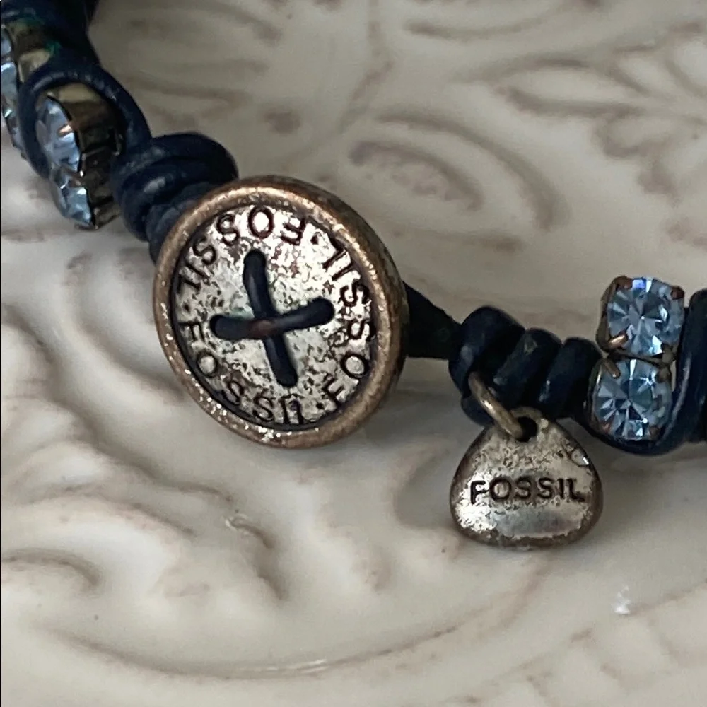 Fossil Sky Blue Crystals with Leather Wrapped Bracelet Button Closure